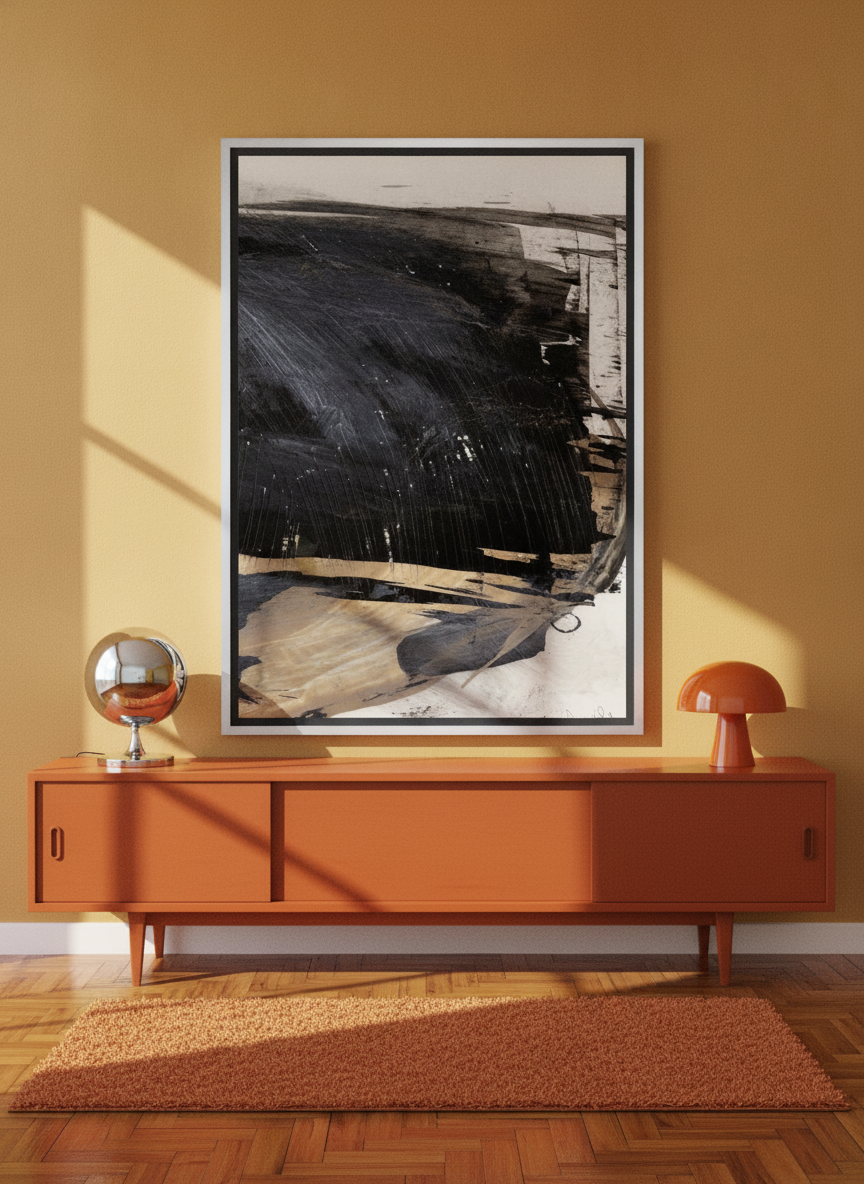 Canvas wall art with a silver leaf surround standing on a sideboard in a retro 70s bedroom