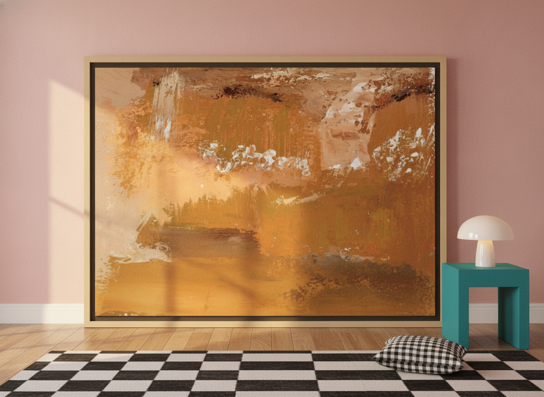 Oversized statement canvas wall art with a natural timber surround leaning against the wall in a colourful eclectic dining room
