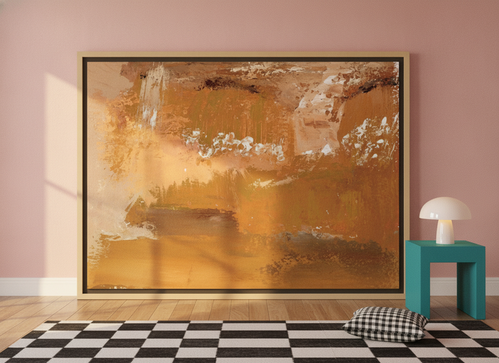 Oversized statement canvas wall art with a natural timber surround leaning against the wall in a colourful eclectic dining room