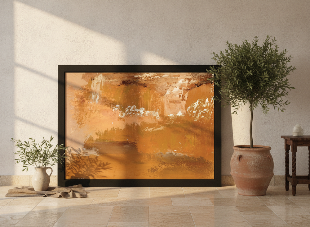 Modern wall art print leaning against the wall in a Mediterranean home office