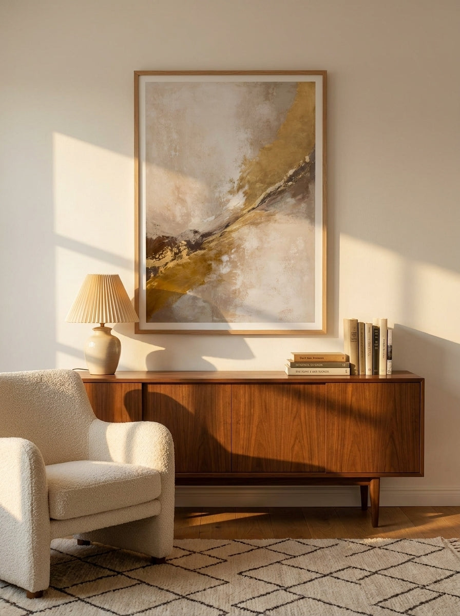 Modern wall art print styled on the wall in a mid-century living room