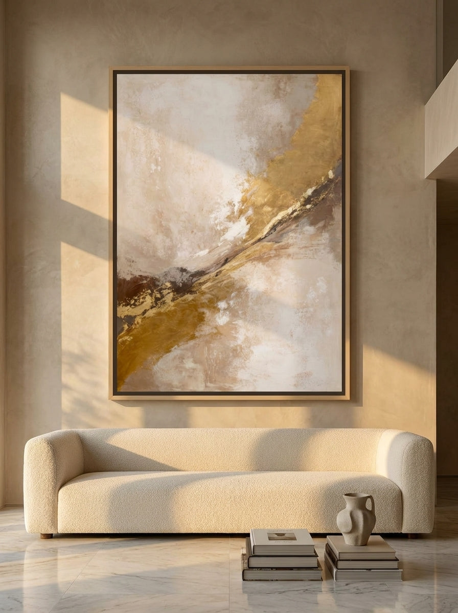 Oversized statement canvas wall art with a natural timber surround styled on the wall in a luxe living room