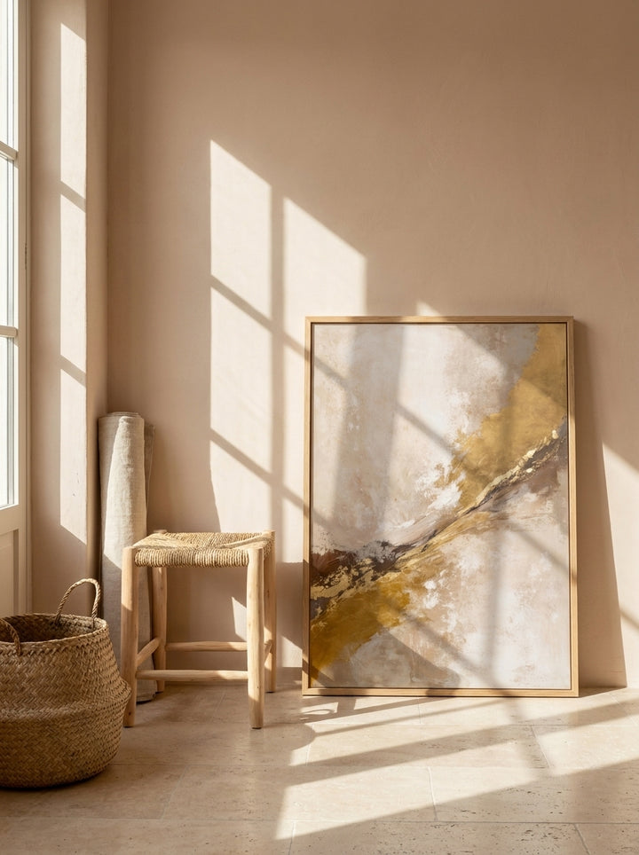 Modern wall art print leaning against the wall in a Mediterranean home office