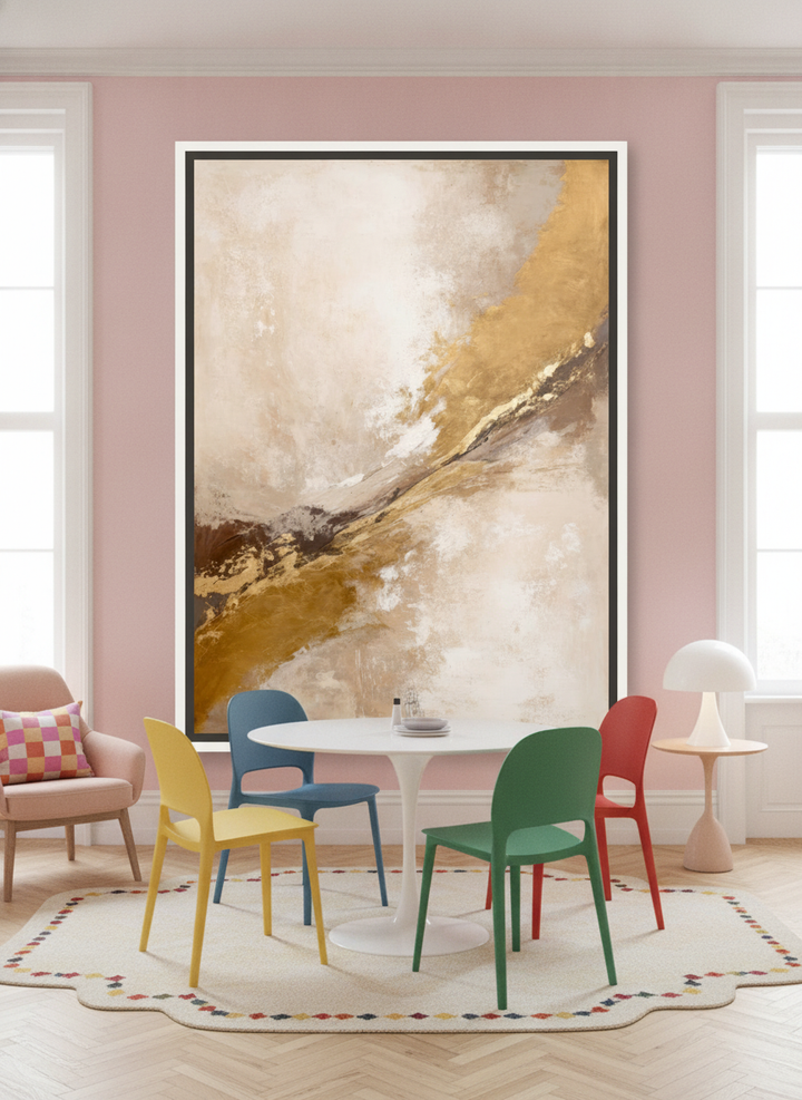Oversized statement canvas wall art with a white surround styled on the wall in a colourful eclectic dining room