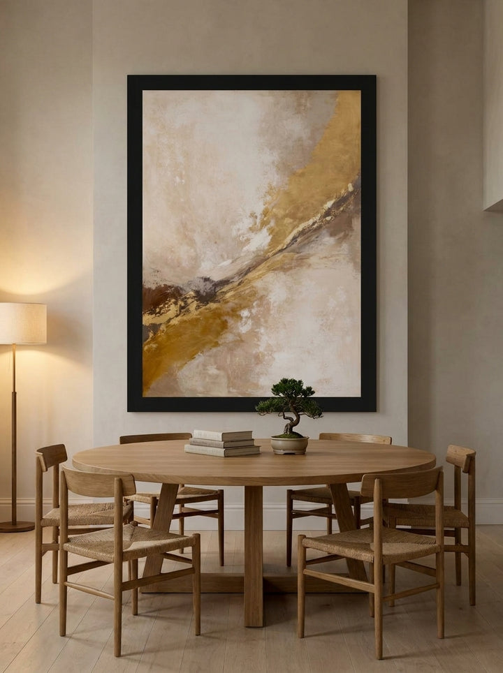Oversized statement modern wall art print styled on the wall in a warm Japandi dining room