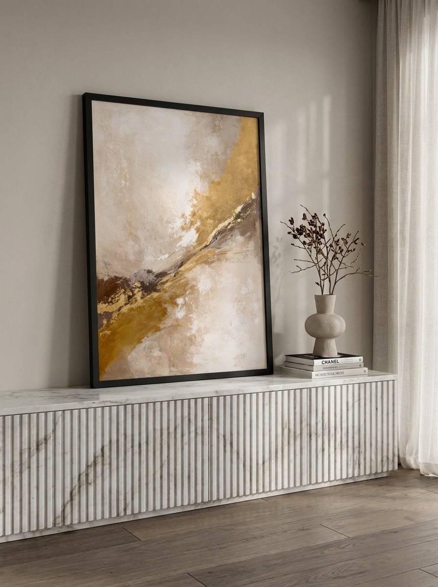 Modern wall art print standing on a sideboard in a luxe bedroom