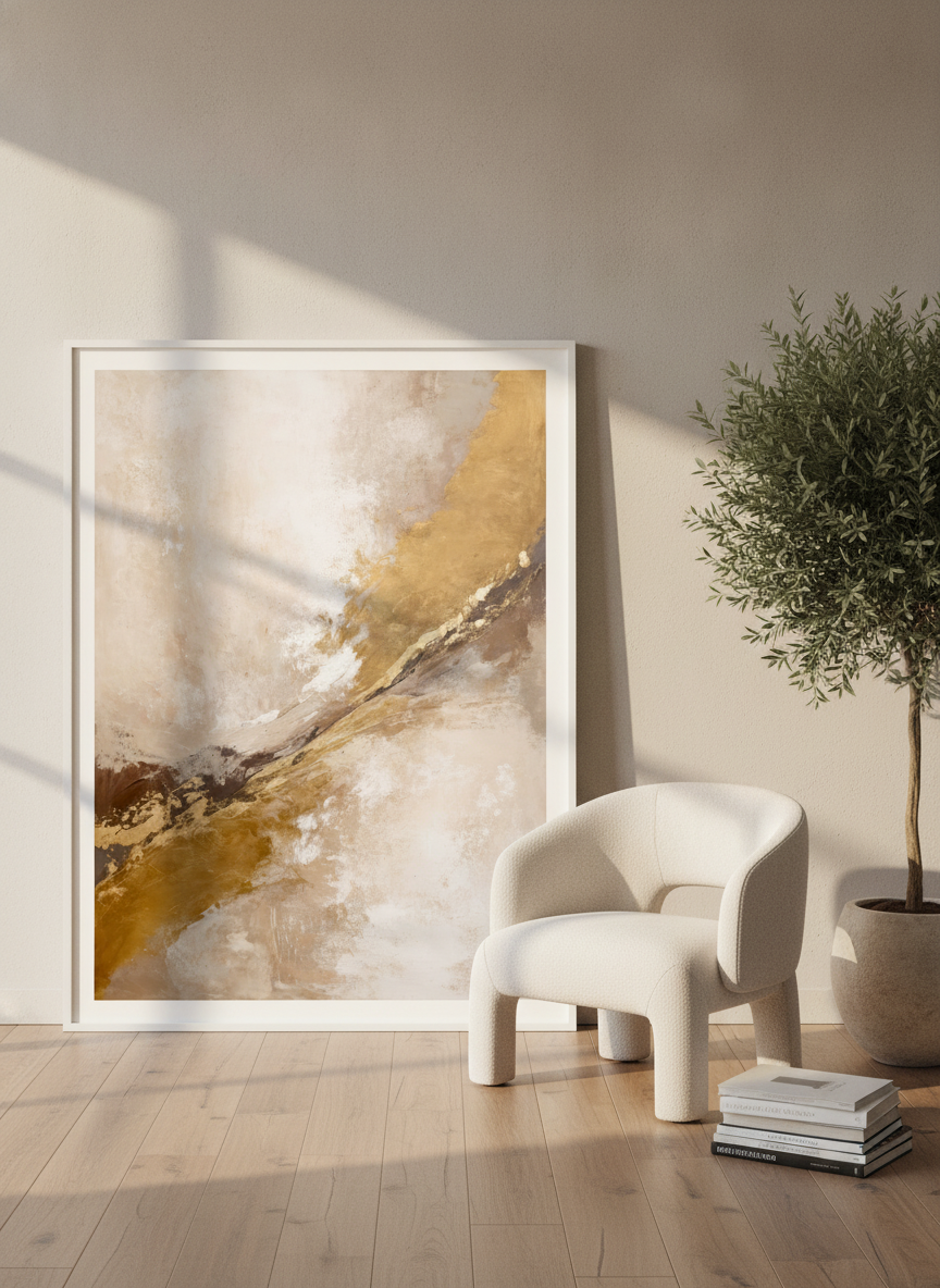 Oversized statement modern wall art print leaning against the wall in a luxe dining room