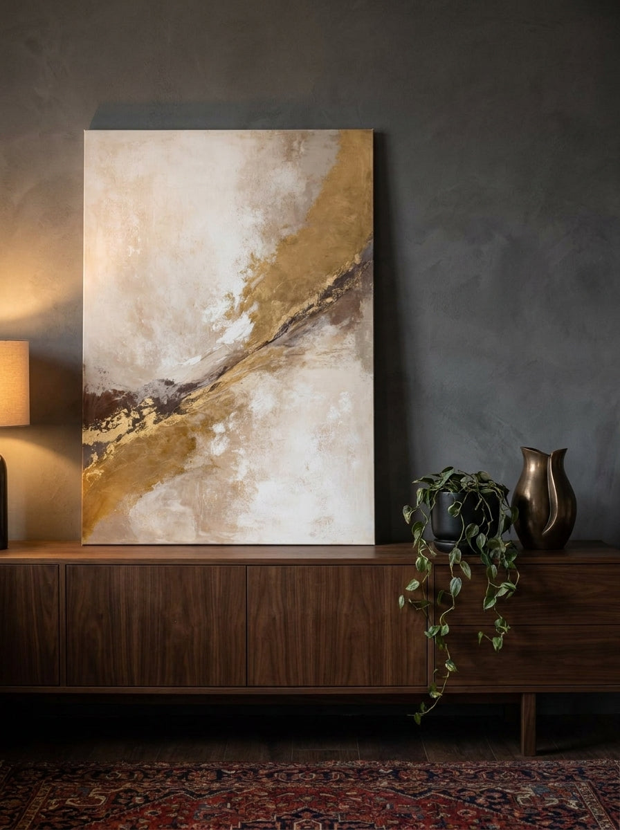 Stretched canvas wall art standing on a sideboard in a moody bedroom