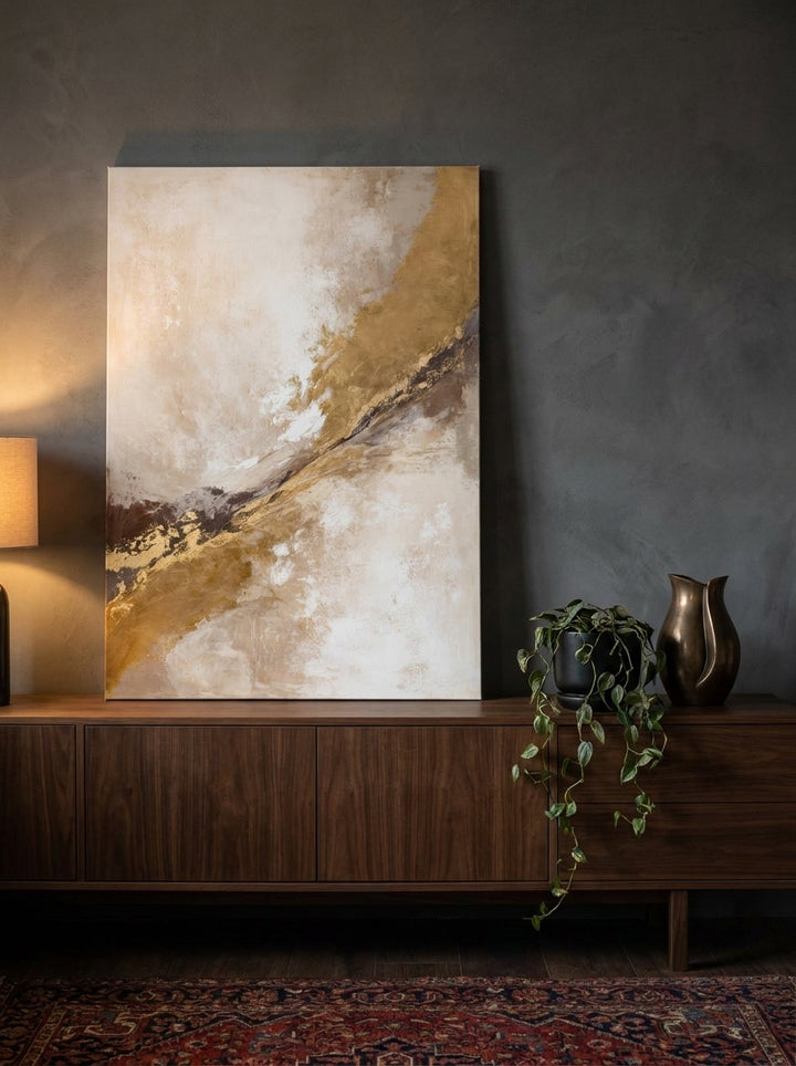 Stretched canvas wall art standing on a sideboard in a moody bedroom