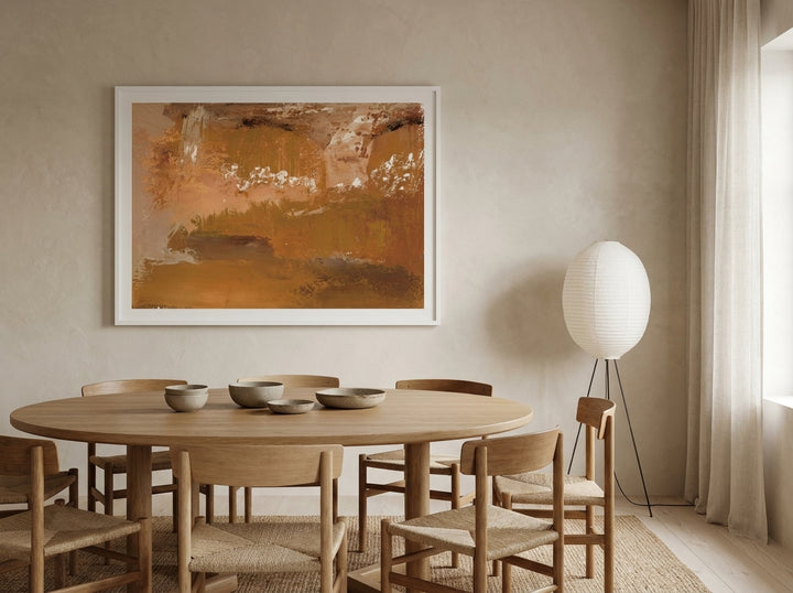 Oversized statement modern wall art print styled on the wall in a warm Japandi dining room