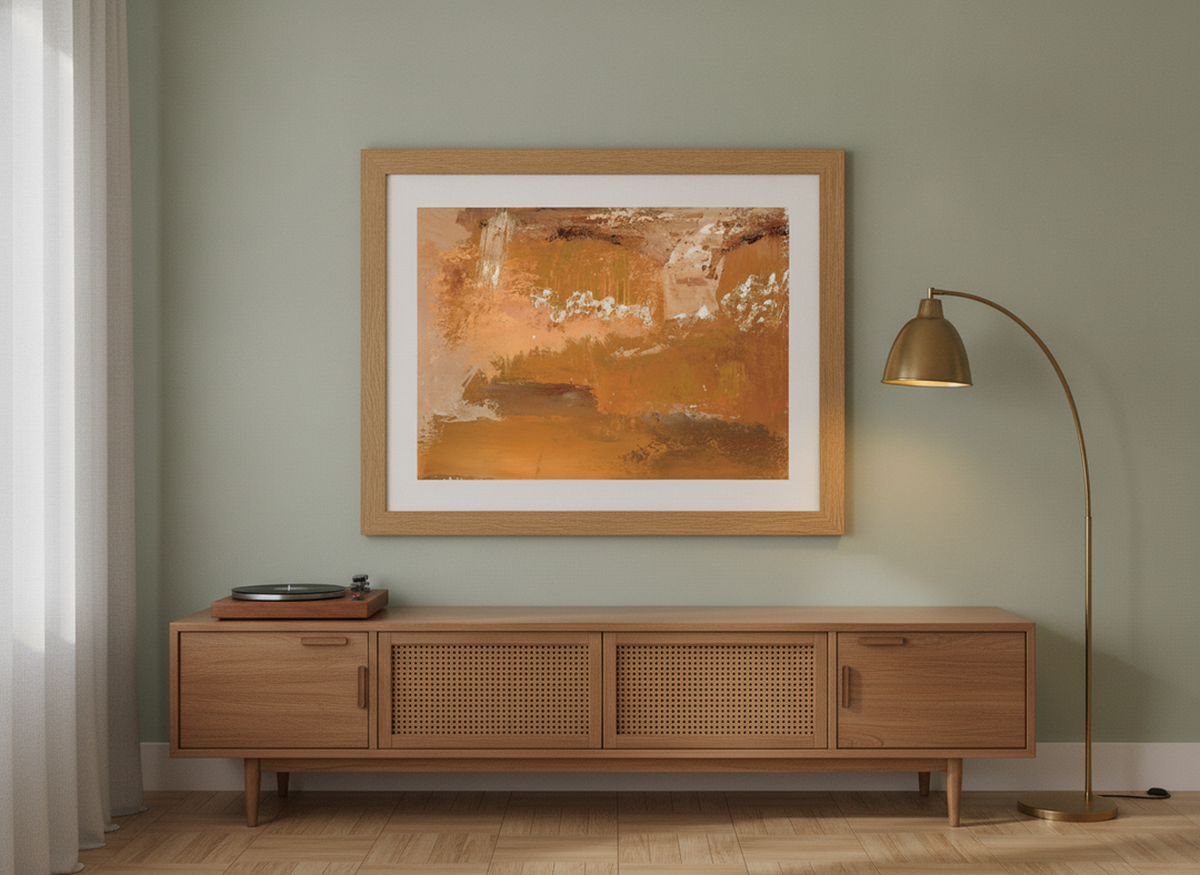 Modern wall art print styled on the wall in a mid-century living room