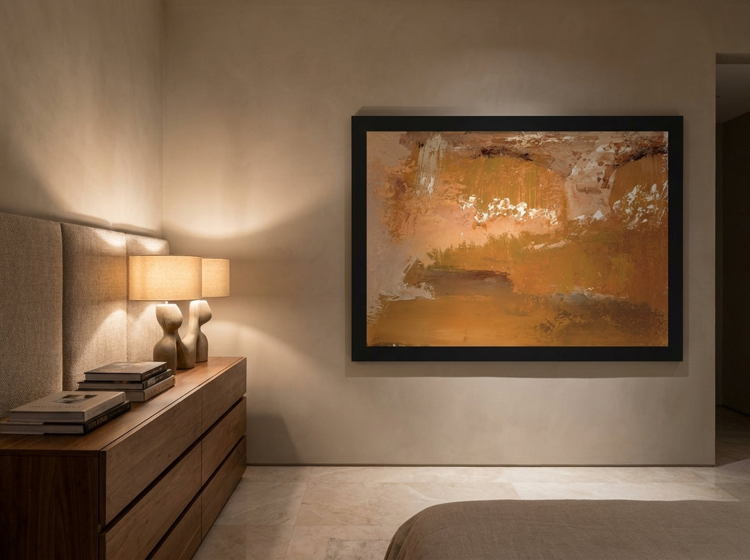 Oversized statement modern wall art print styled on the wall in a luxe bedroom