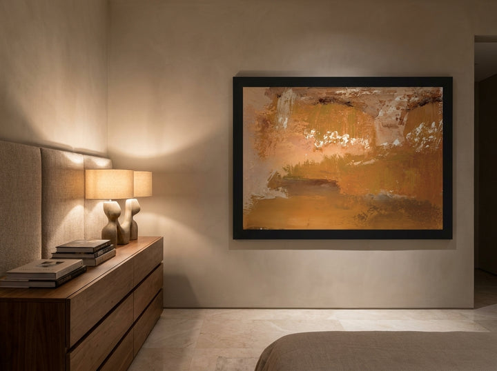 Oversized statement modern wall art print styled on the wall in a luxe bedroom