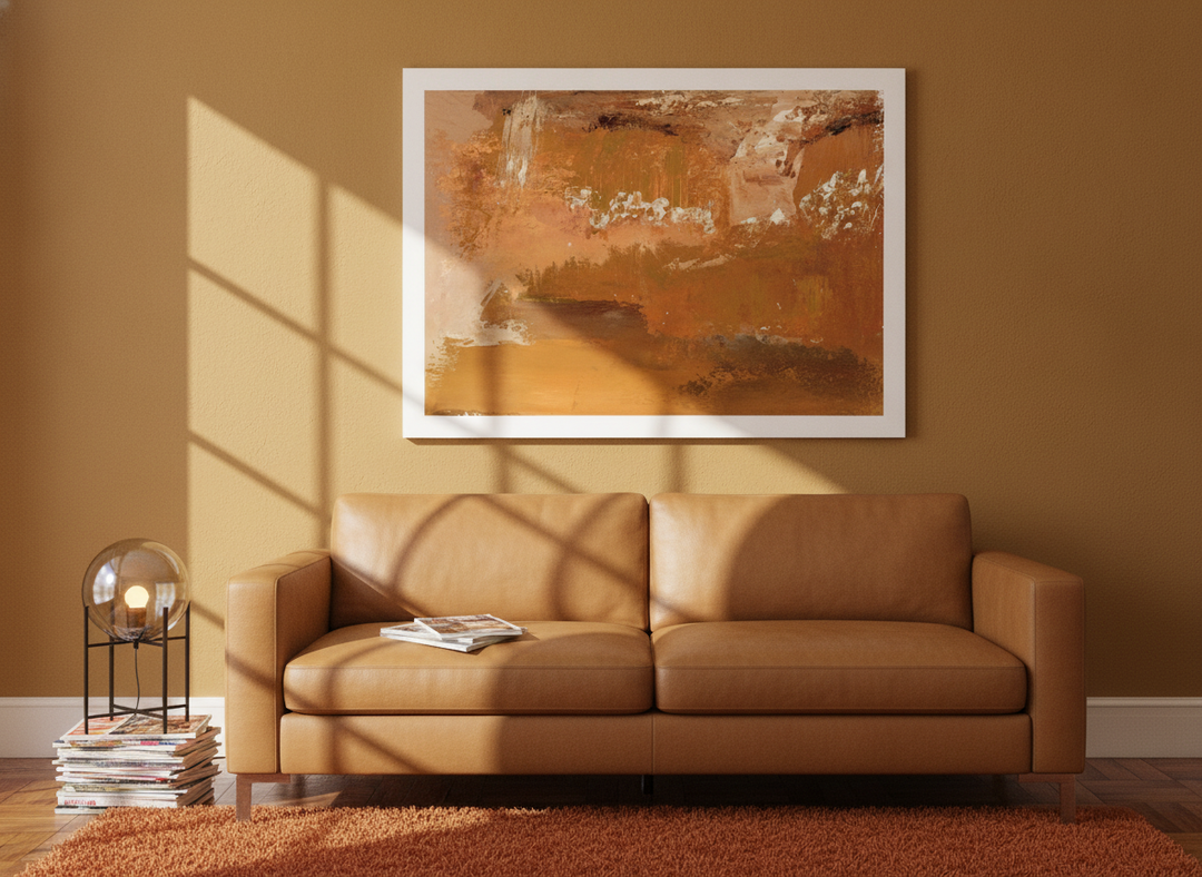 Modern wall art print styled on the wall in a retro 70s living room