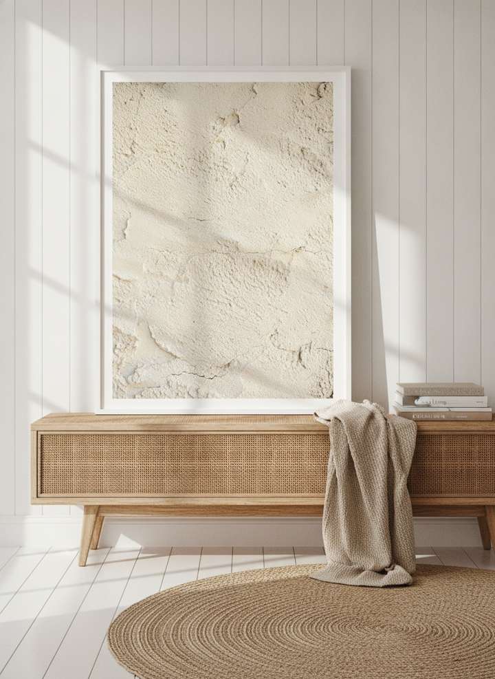 Modern wall art print standing on a sideboard in a coastal bathroom