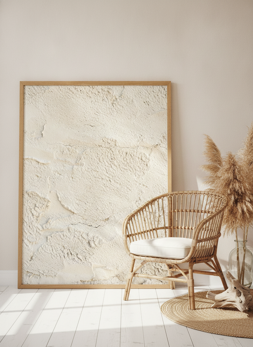 Modern wall art print leaning against the wall in a coastal home office