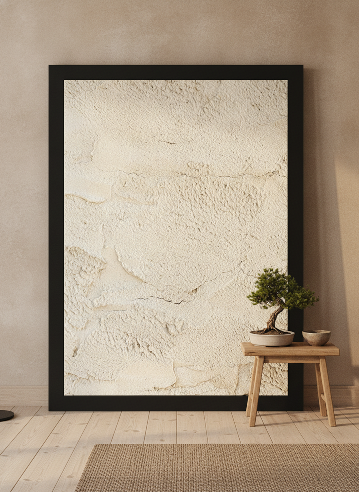 Oversized statement modern wall art print leaning against the wall in a warm Japandi living room
