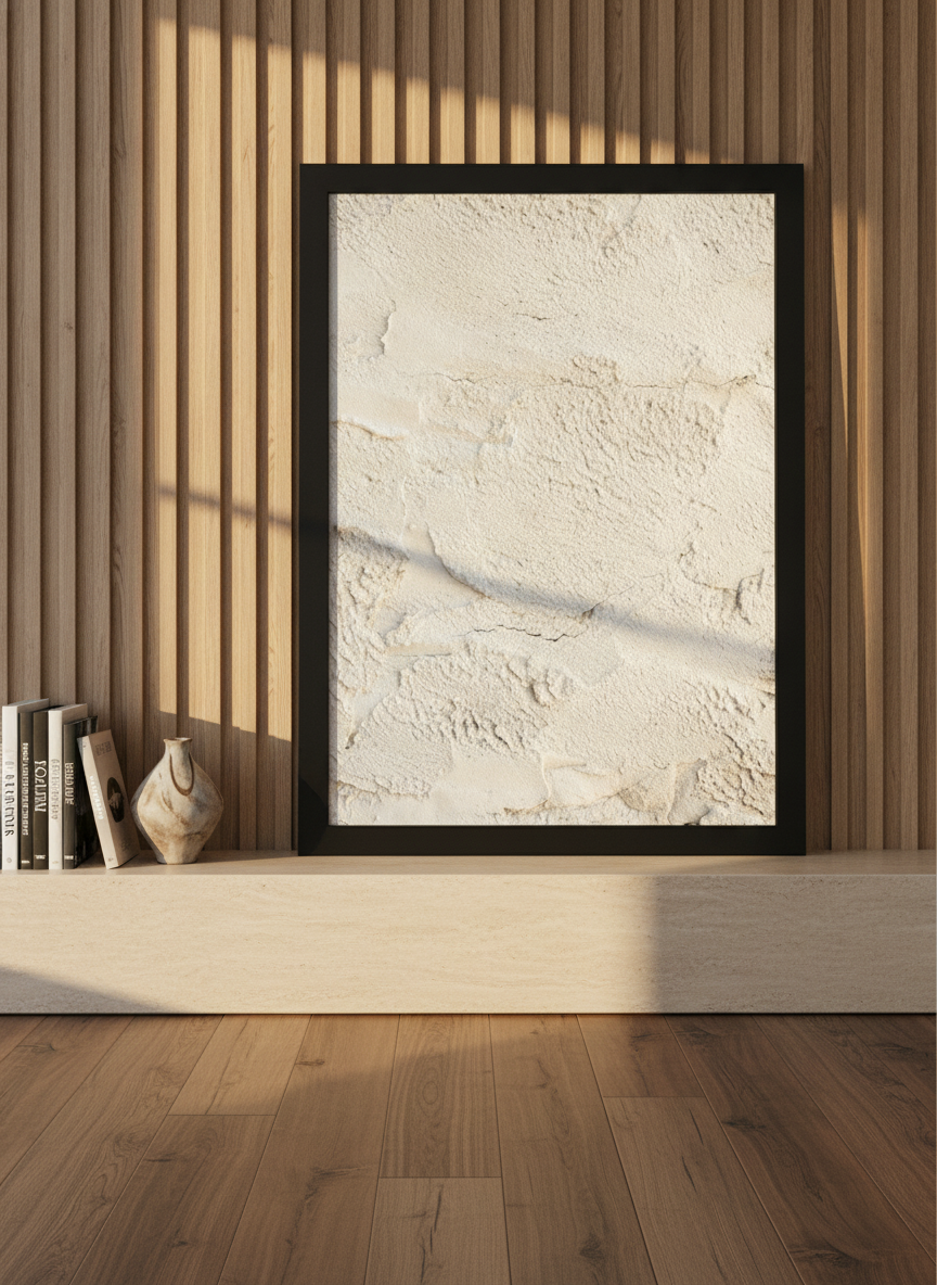 Modern wall art print standing on a console in a luxe bedroom