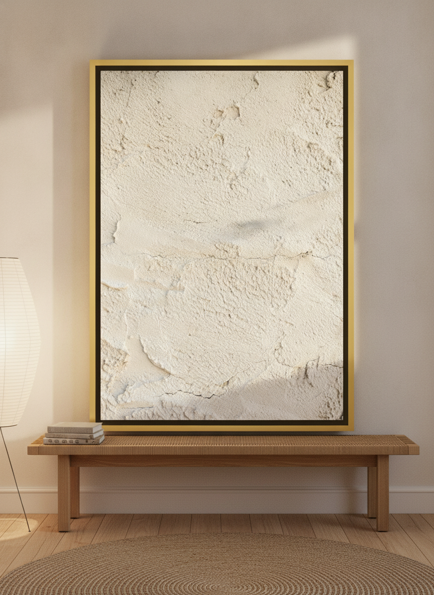 Canvas wall art with a gold leaf surround standing on a bench in a warm Japandi bathroom