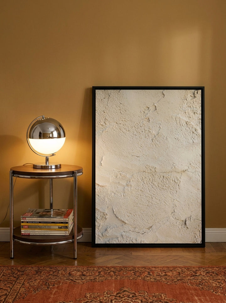 Canvas wall art with a black surround leaning against the wall in a retro 70s bedroom