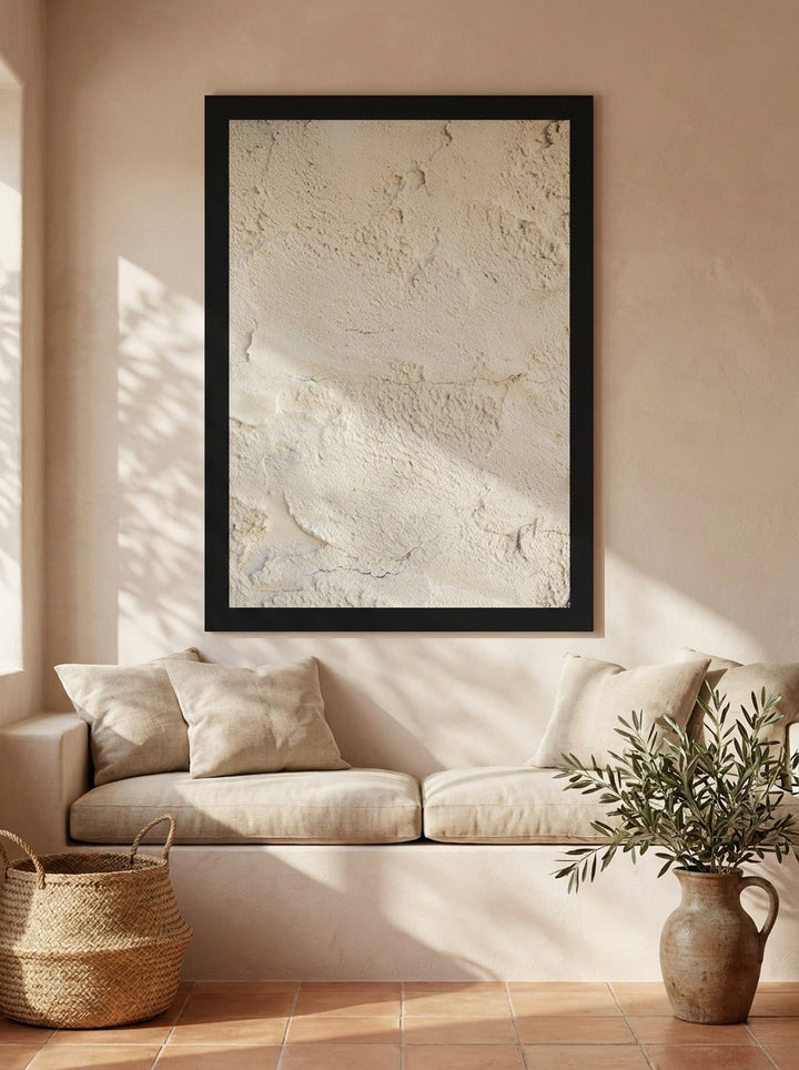 Oversized statement modern wall art print styled on the wall in a Mediterranean living room