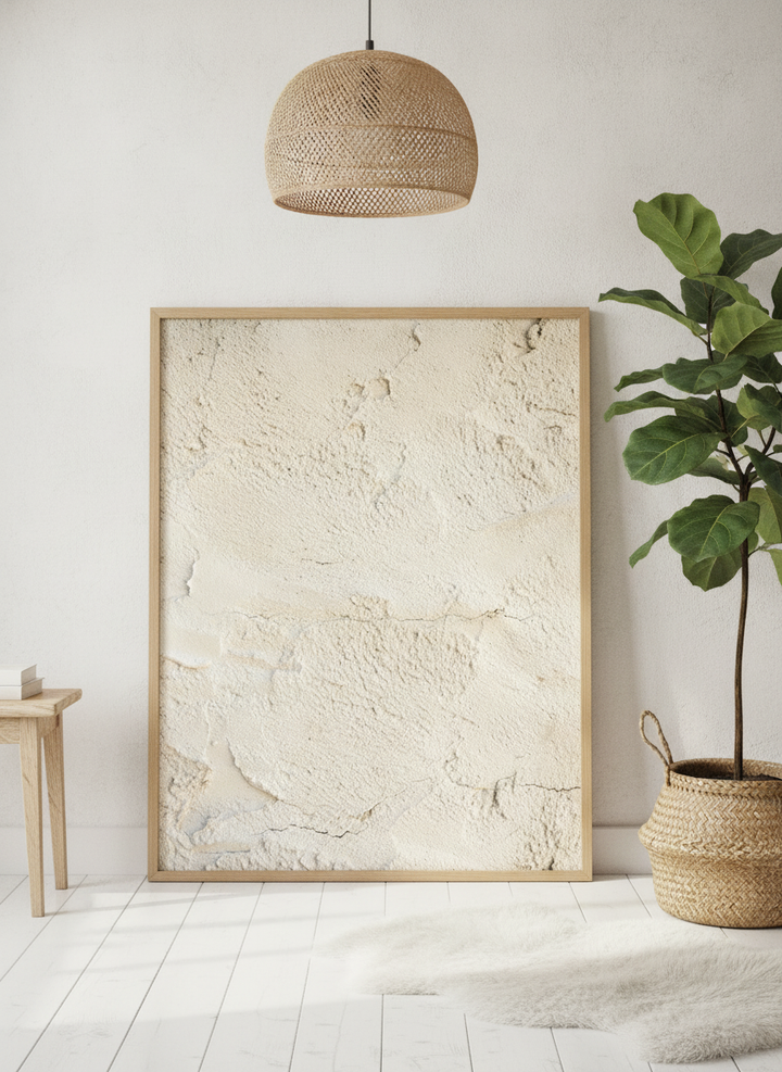 Modern wall art print leaning against the wall in a bright Scandinavian home office