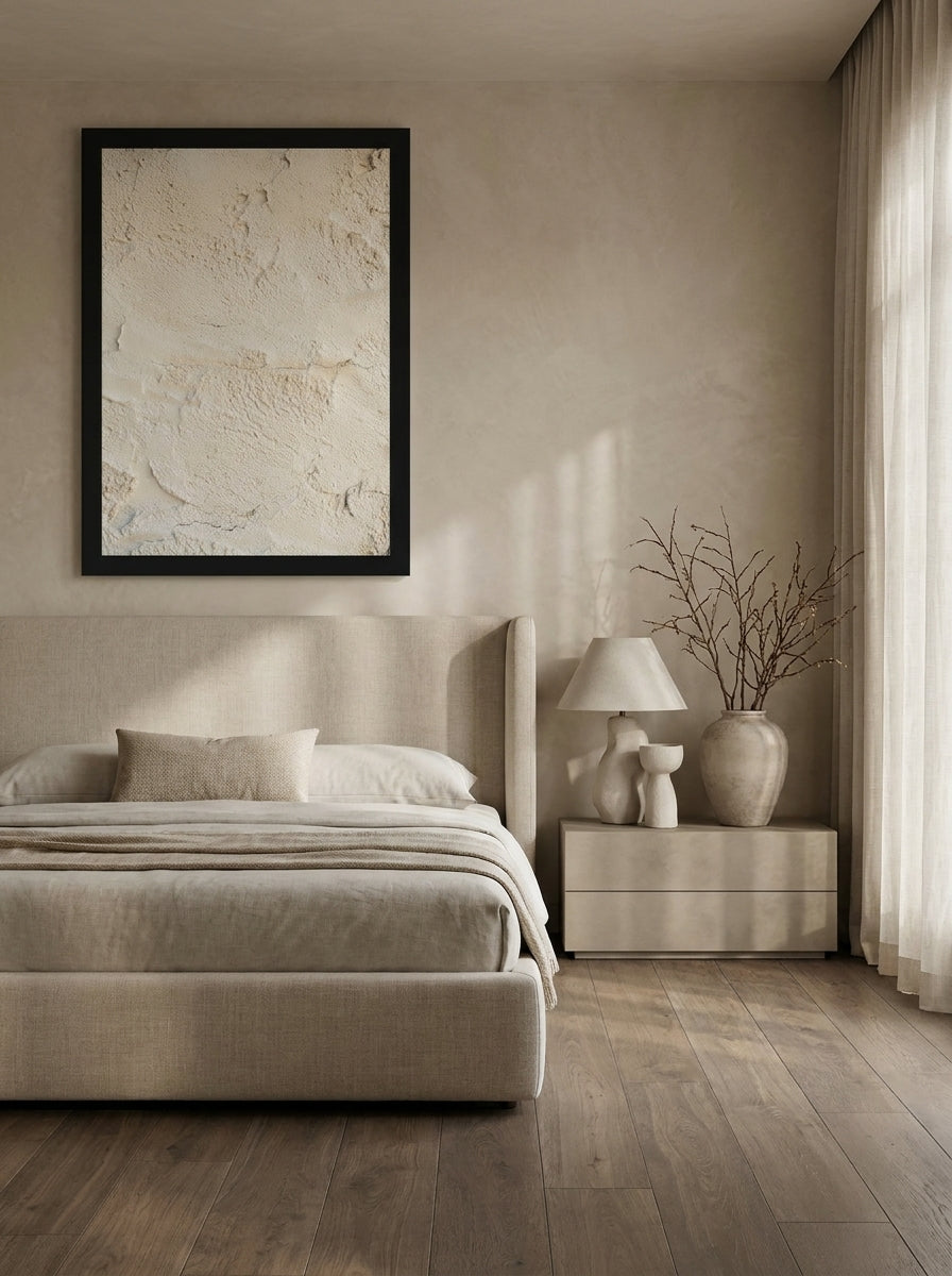 Modern wall art print styled on the wall in a luxe bedroom
