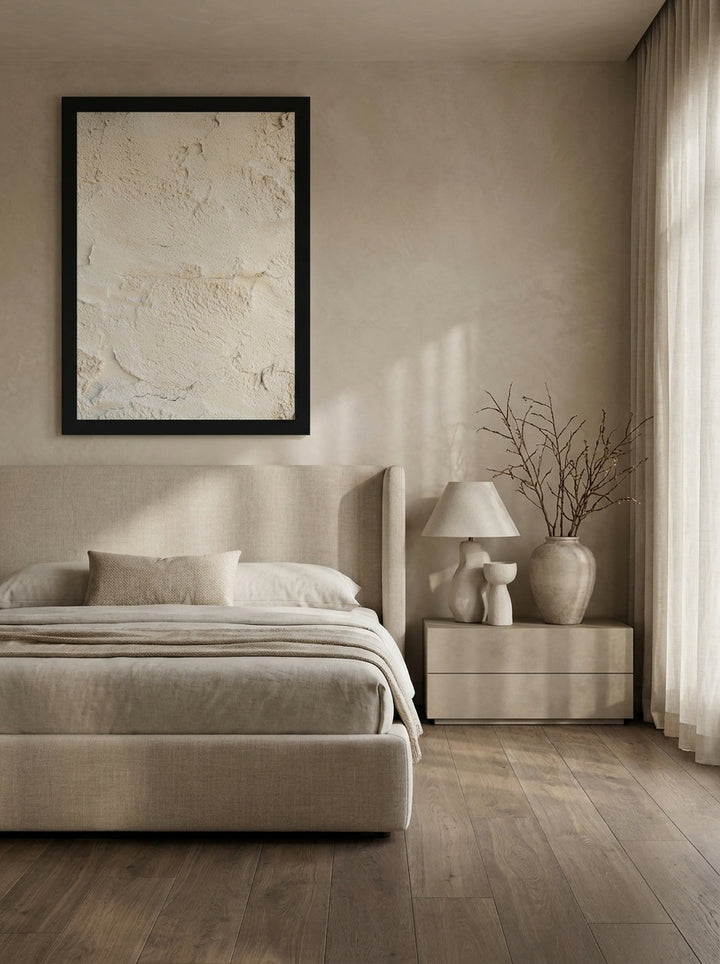 Modern wall art print styled on the wall in a luxe bedroom