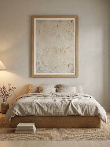 Modern wall art print styled on the wall in a warm Japandi bedroom