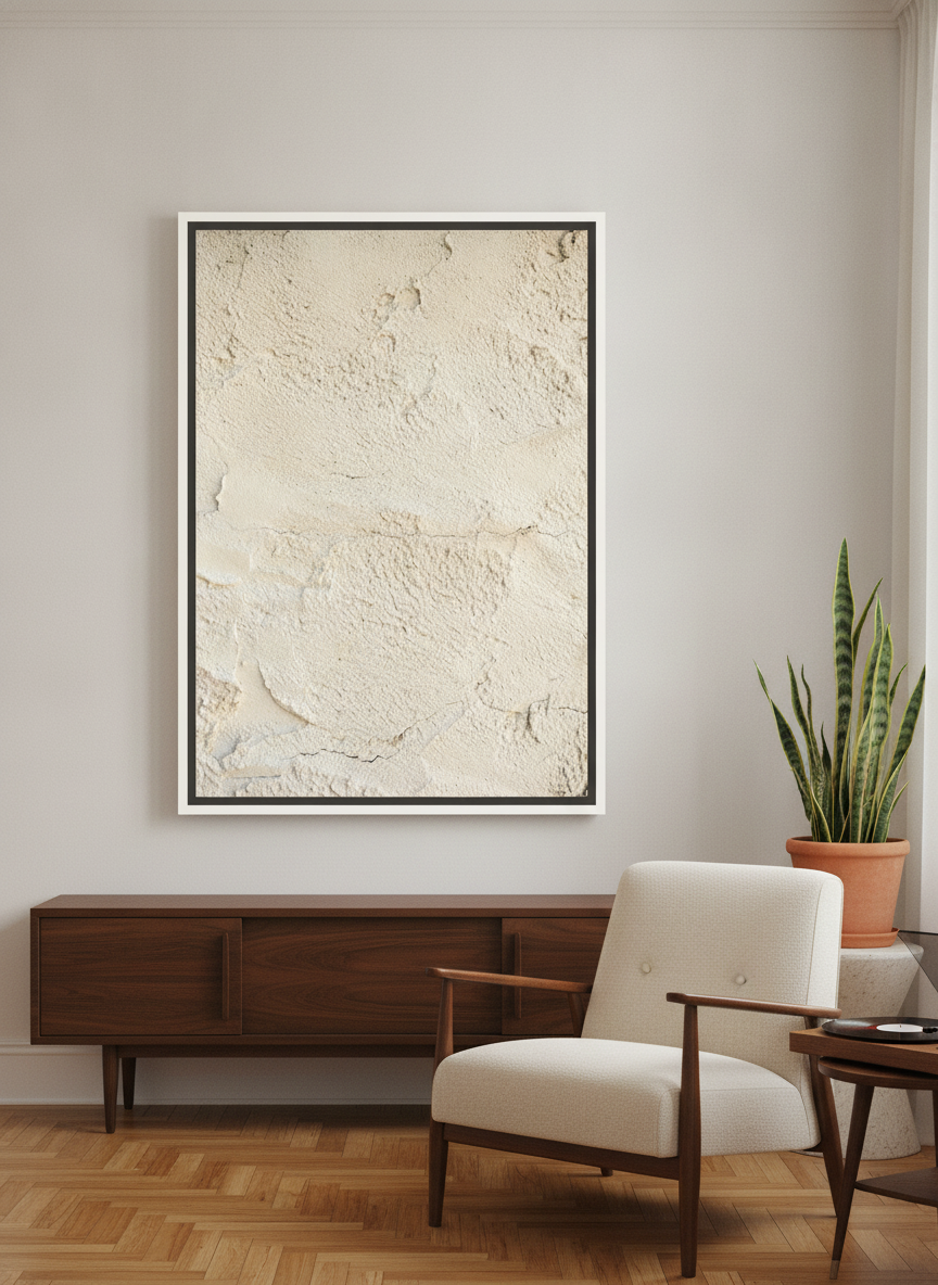 Oversized statement canvas wall art with a white surround styled on the wall in a mid-century living room