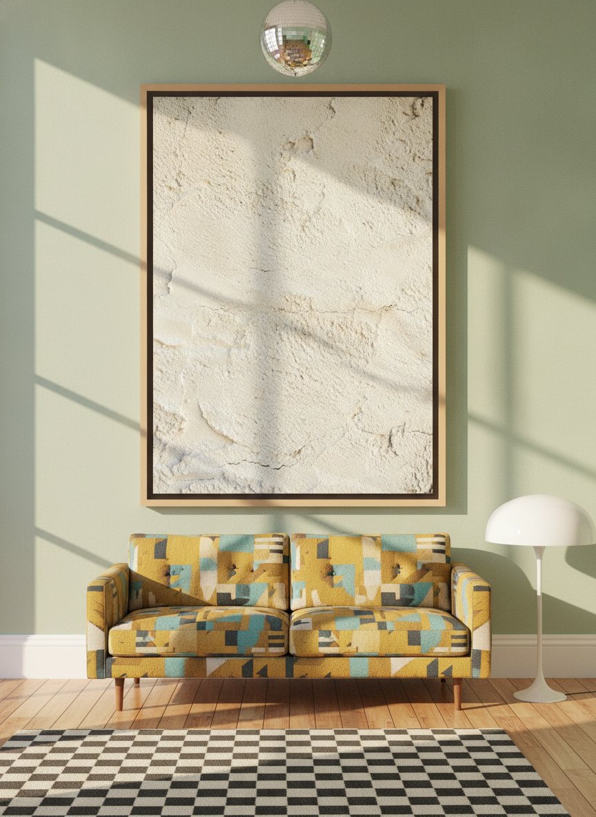 Oversized statement canvas wall art with a natural timber surround styled on the wall in a colourful eclectic home office