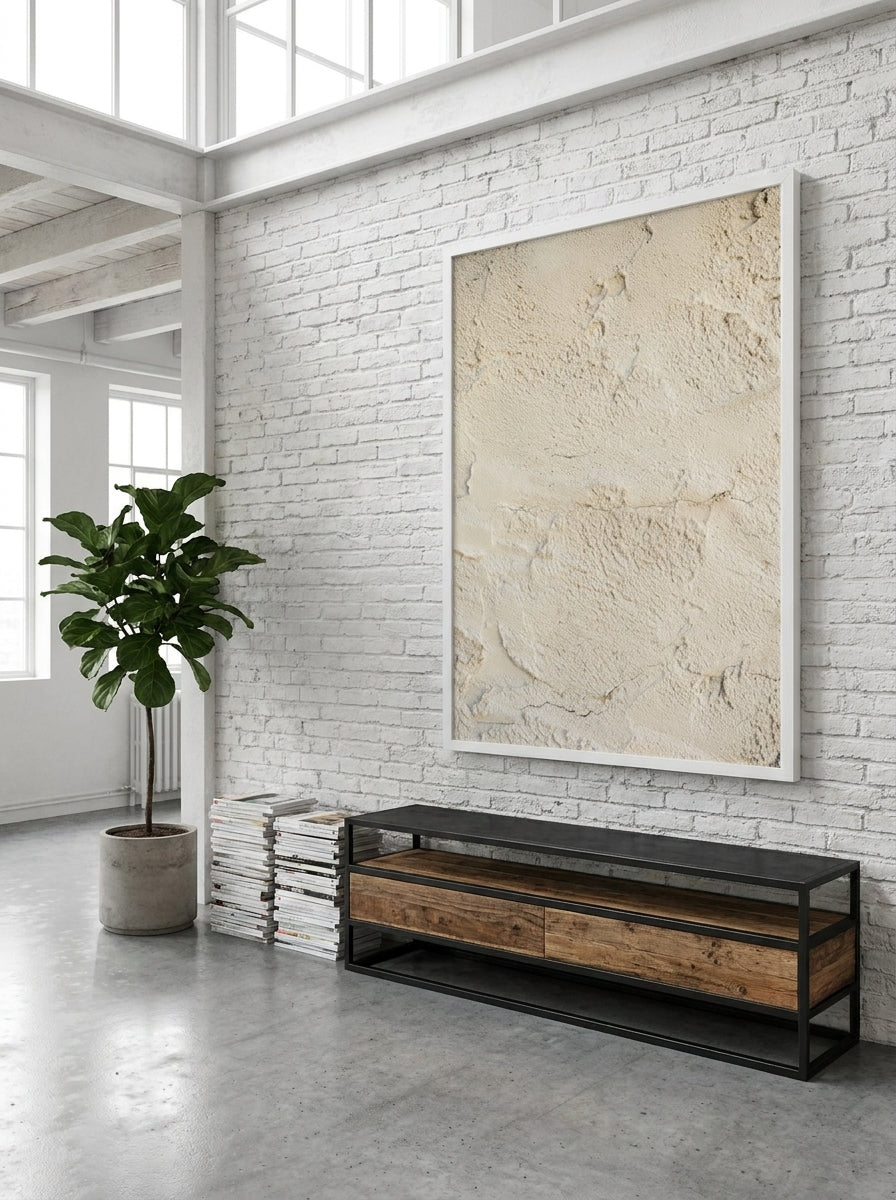 Oversized statement modern wall art print styled on the wall in an industrial loft living room