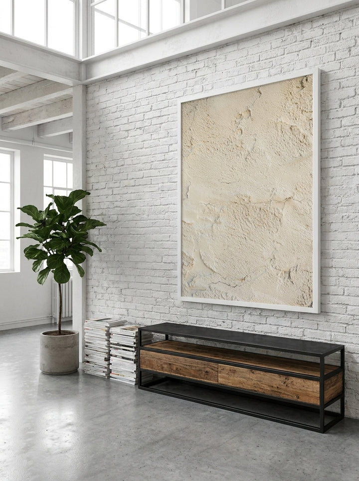 Oversized statement modern wall art print styled on the wall in an industrial loft living room