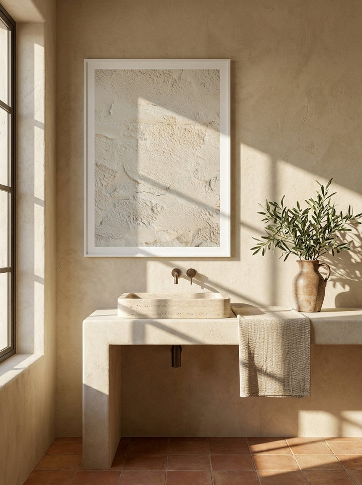 Modern wall art print styled on the wall in a Mediterranean bathroom