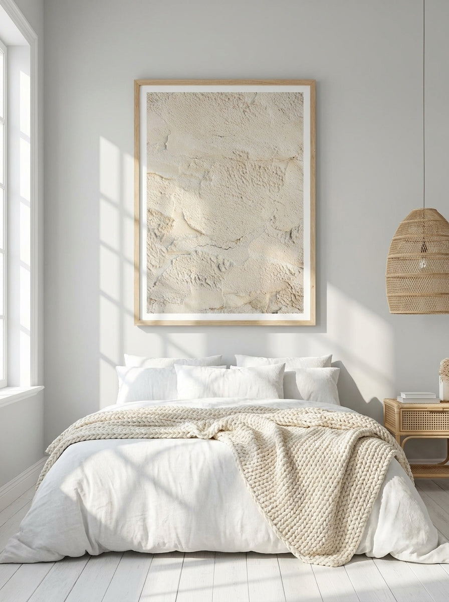 Modern wall art print styled on the wall in a bright Scandinavian bedroom