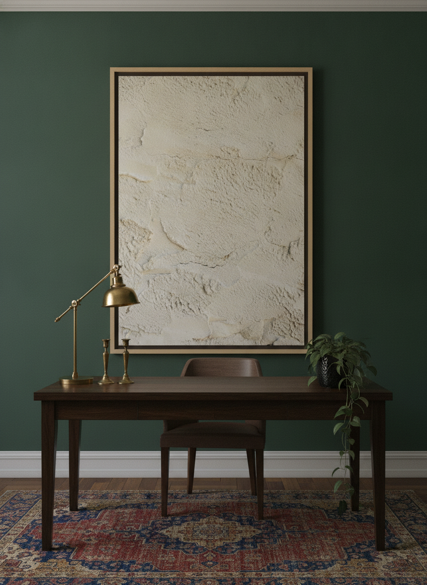 Oversized statement canvas wall art with a natural timber surround styled on the wall in a moody home office