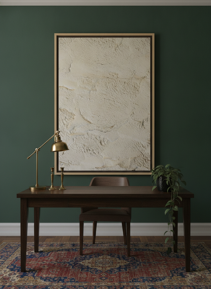 Oversized statement canvas wall art with a natural timber surround styled on the wall in a moody home office