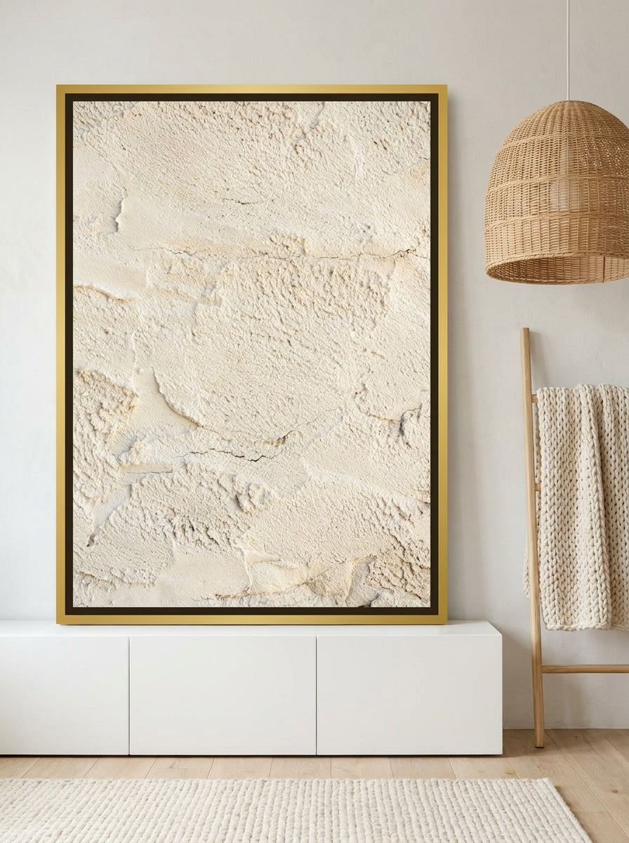 Canvas wall art with a gold leaf surround standing on a sideboard in a bright Scandinavian bathroom