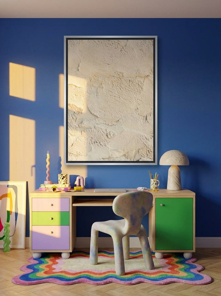 Canvas wall art with a silver leaf surround styled on the wall in a colourful eclectic home office