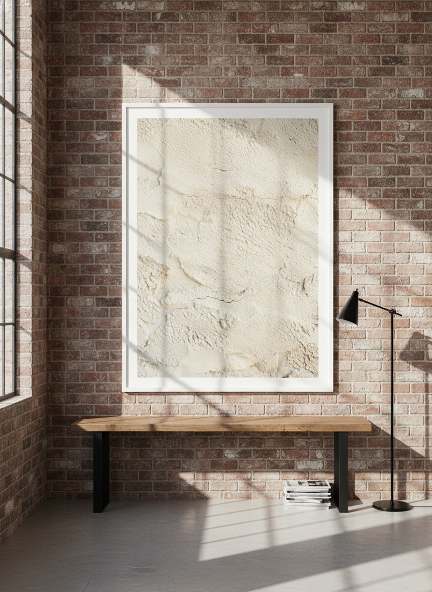 Oversized statement modern wall art print styled on the wall in an industrial loft living room