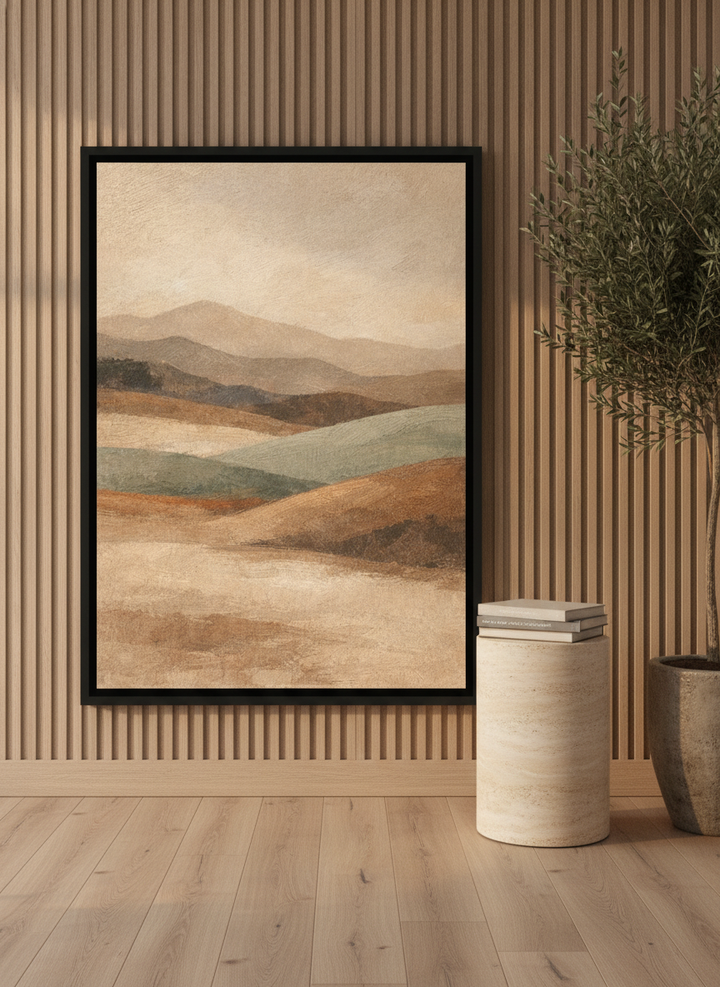 Canvas wall art with a black surround leaning against the wall in a luxe living room