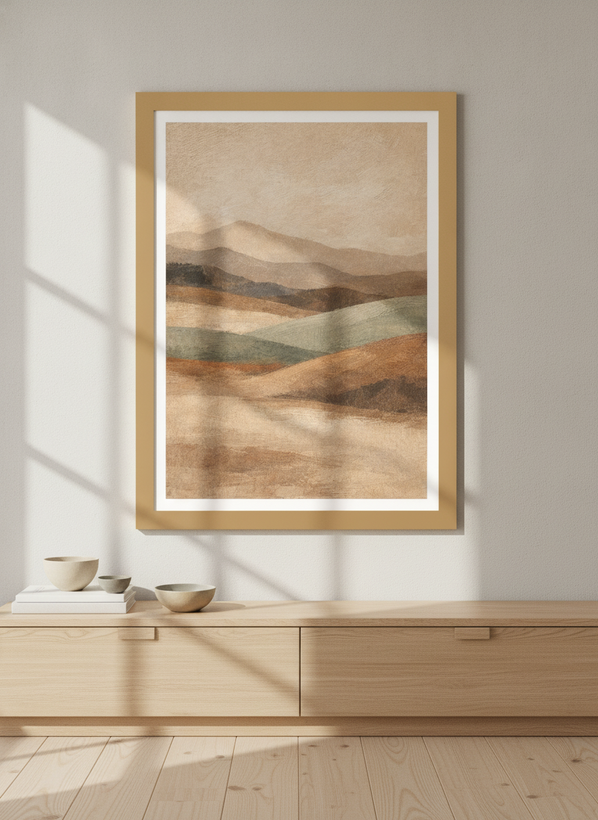 Modern wall art print styled on the wall in a warm Japandi living room