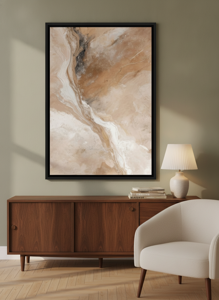 Canvas wall art with a black surround styled on the wall in a mid-century living room