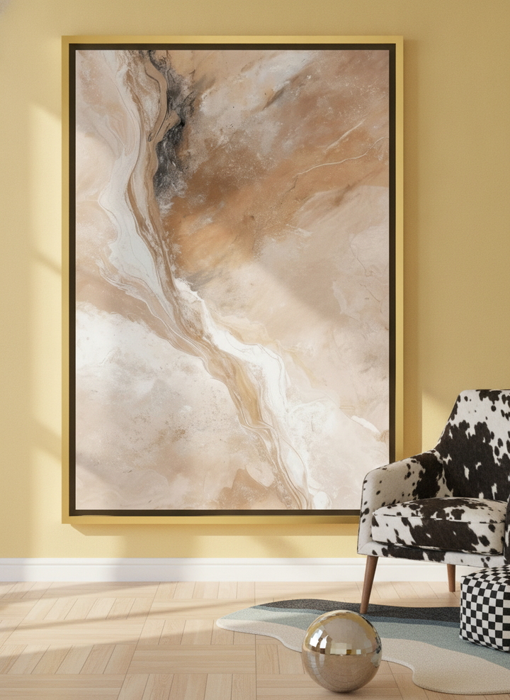 Canvas wall art with a gold leaf surround leaning against the wall in a colourful eclectic bedroom