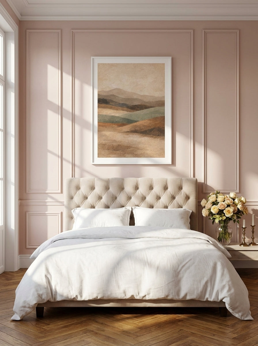 Modern wall art print styled on the wall in a Parisian bedroom