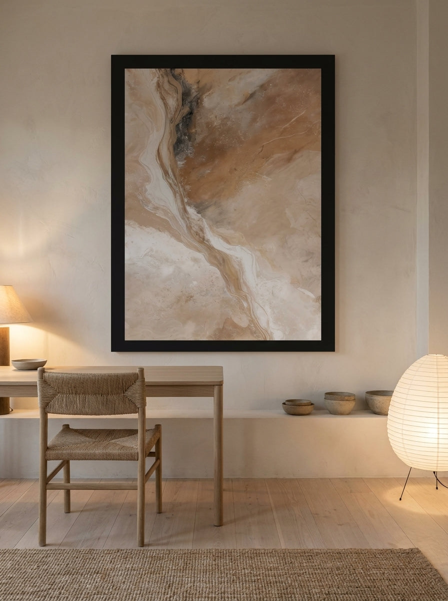 Oversized statement modern wall art print styled on the wall in a warm Japandi home office
