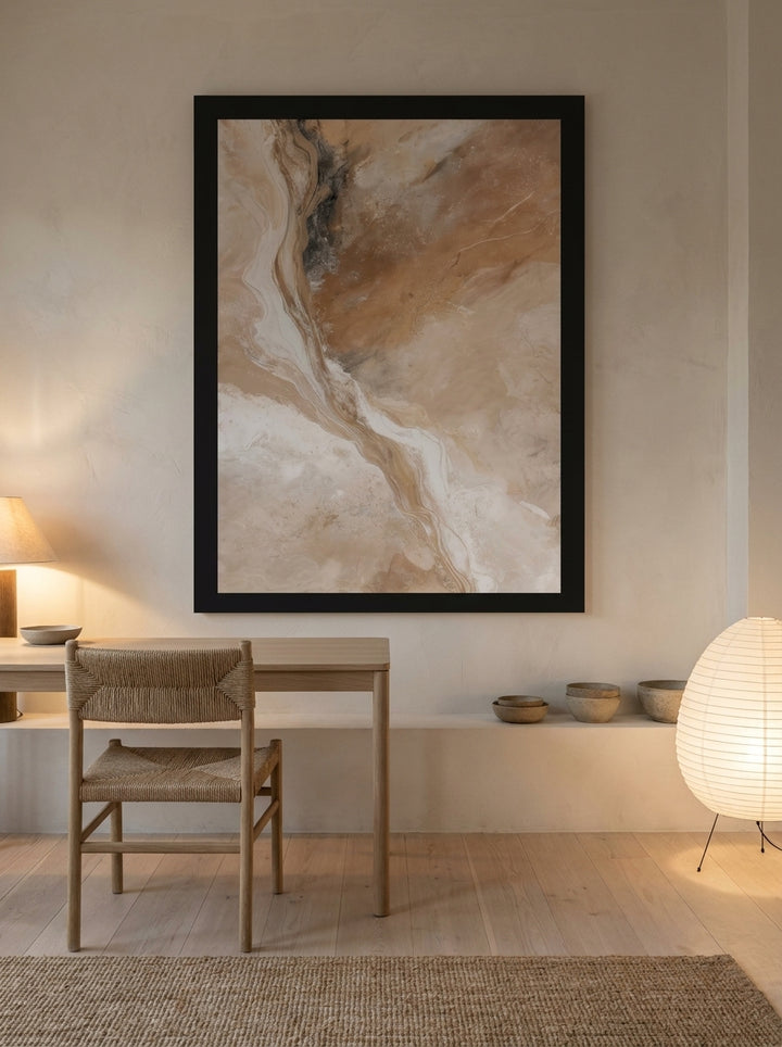 Oversized statement modern wall art print styled on the wall in a warm Japandi home office