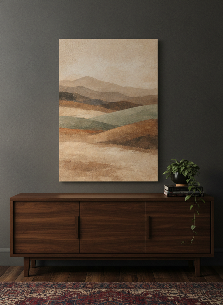 Stretched canvas wall art standing on a sideboard in a moody home office
