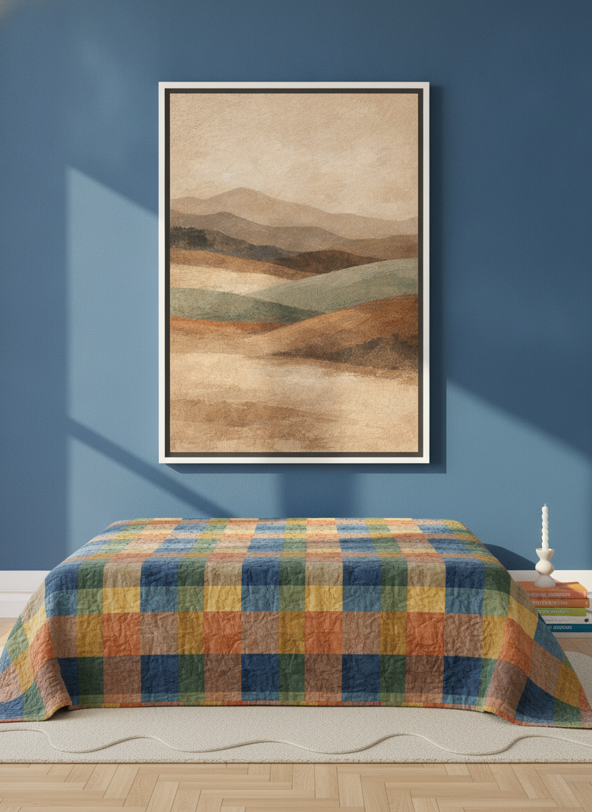 Canvas wall art with a white surround styled on the wall in a colourful eclectic bedroom