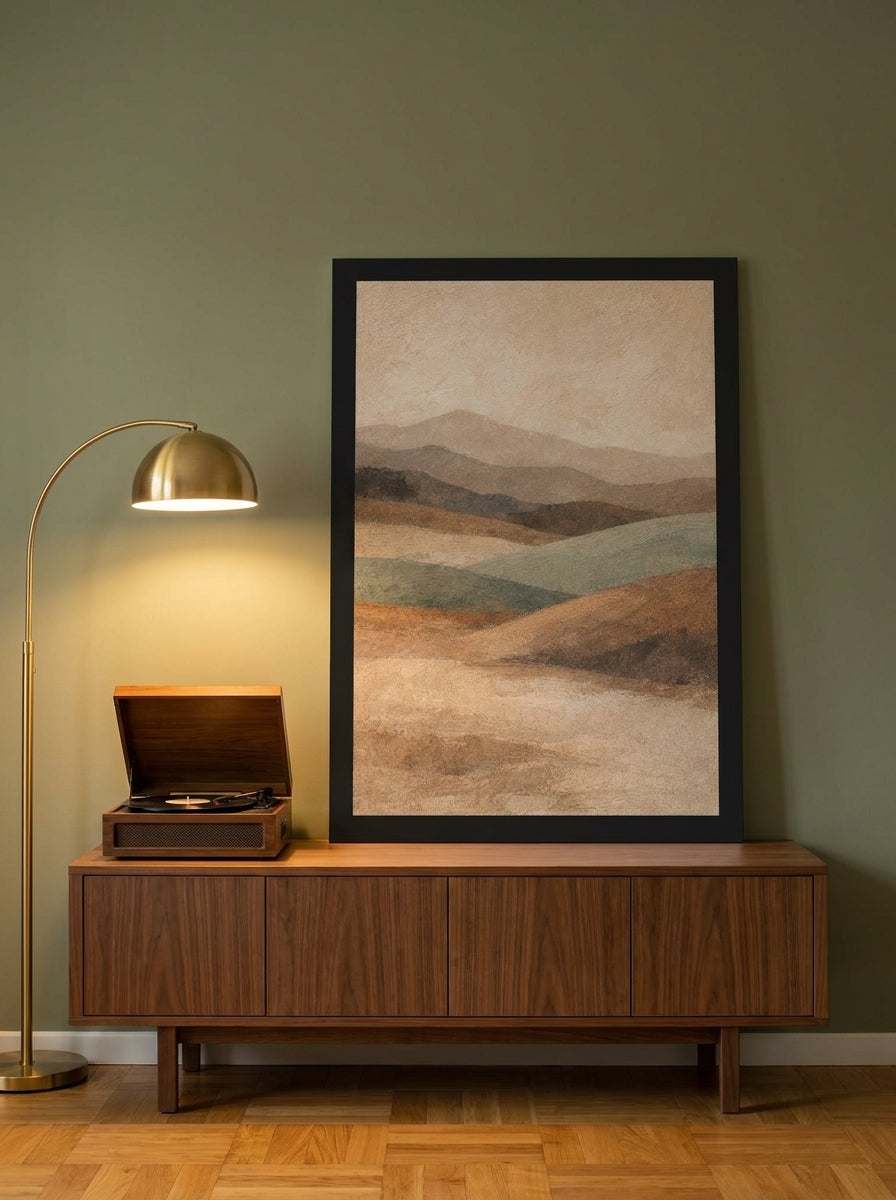 Modern wall art print standing on a sideboard in a mid-century living room